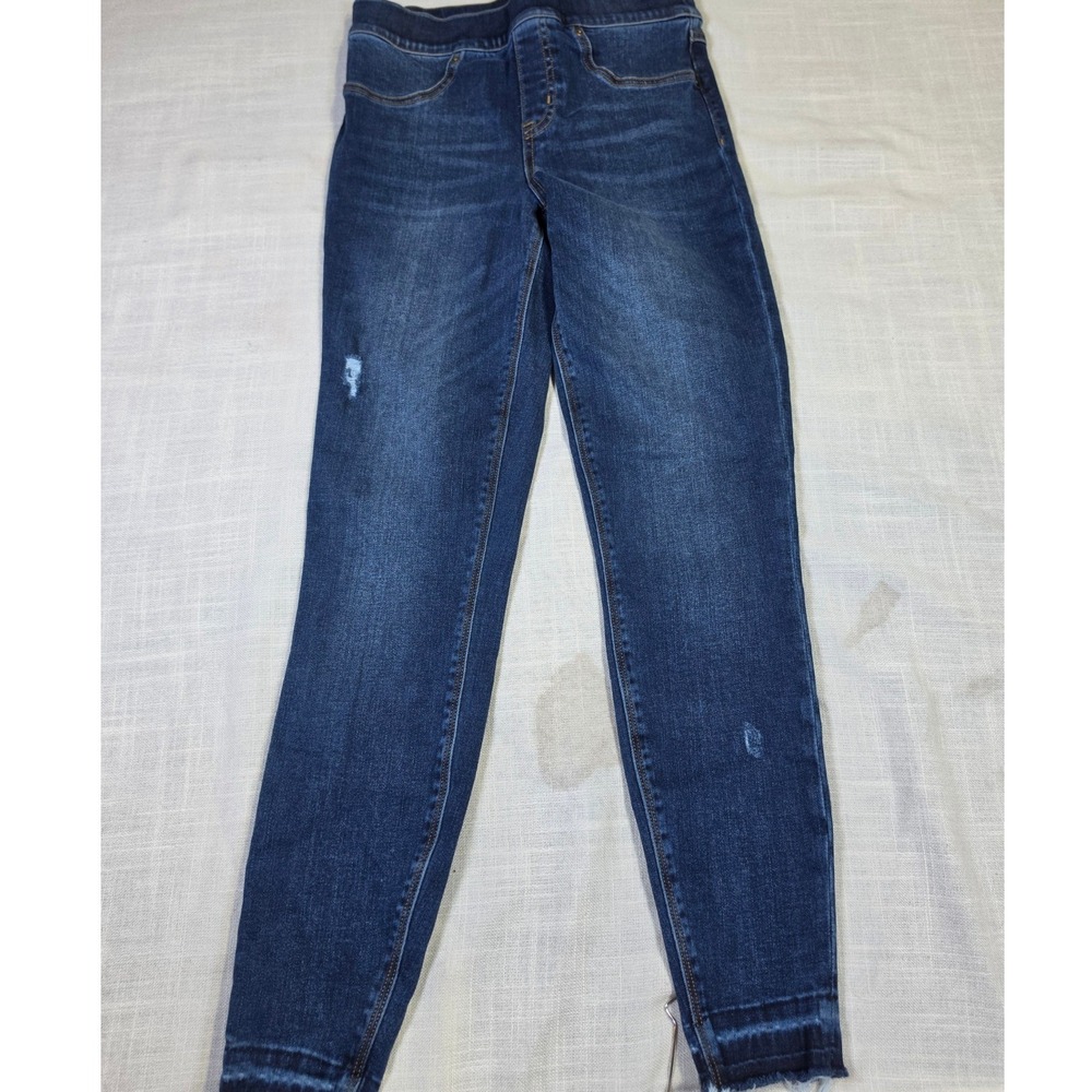 Spanx Ankle Skinny Jeans Dark Wash Distressed Frayed Hem Pull On Denim Small